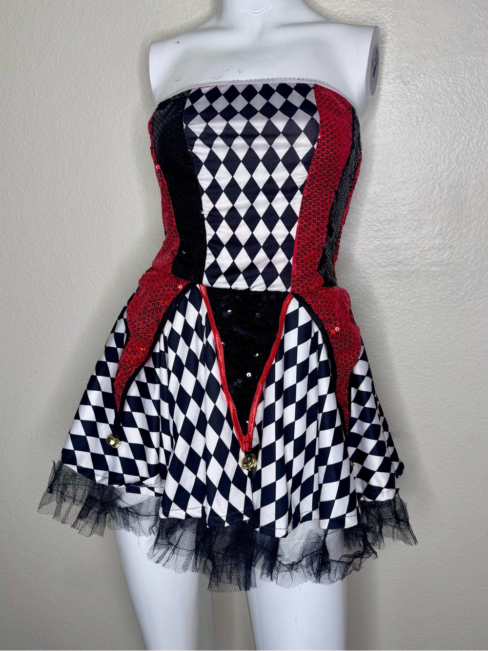 Strapless Harlequin Mini Dress in Black, White & Red